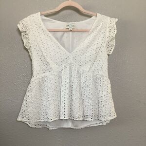 White Eyelet Lace Cottagecore Feminine Dainty Ruffle Babydoll Top L Spring
